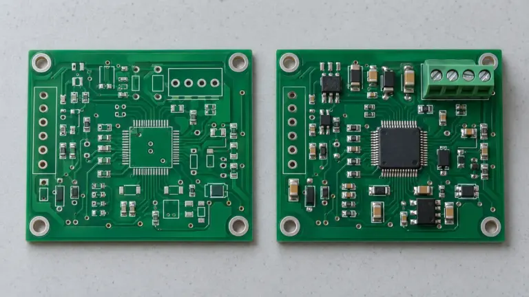 Two circuit boards with different component populations arranged side by side