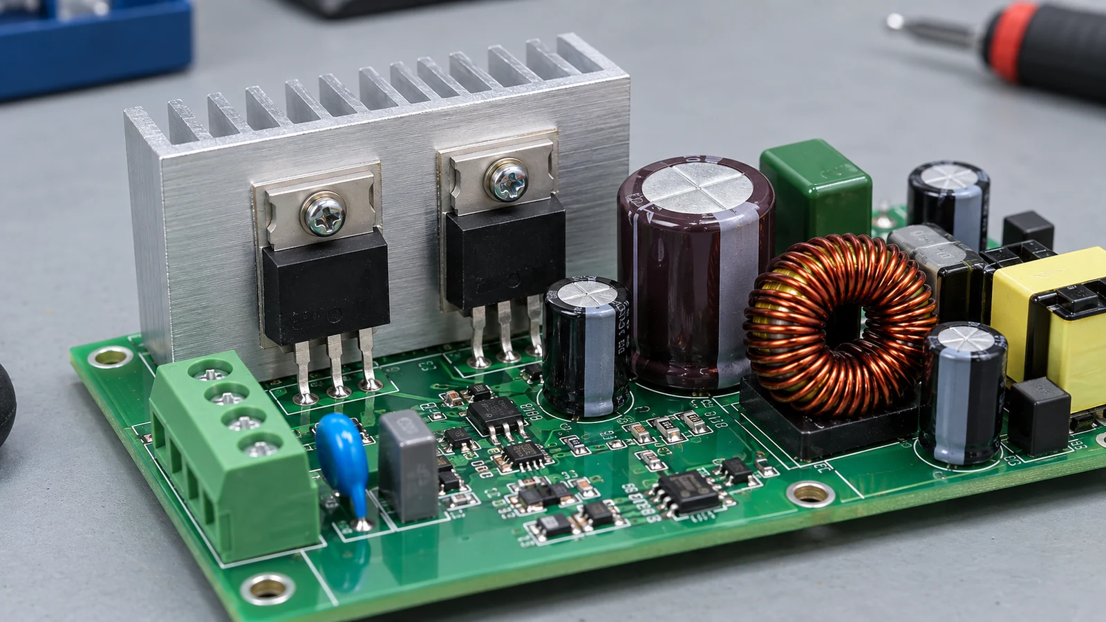 Power circuit board with heat-sink-mounted devices, capacitors and a wound inductor
