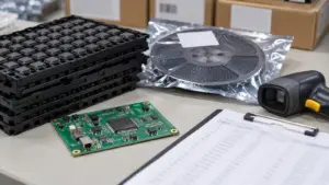 Component trays and a packaged reel beside a barcode scanner and receiving sheet