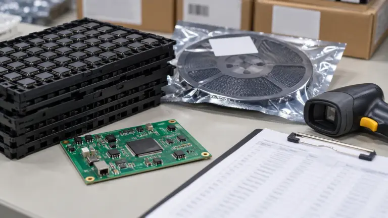 Component trays and a packaged reel beside a barcode scanner and receiving sheet