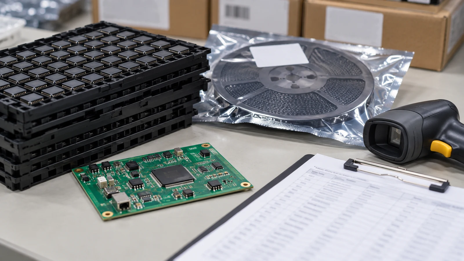 Component trays and a packaged reel beside a barcode scanner and receiving sheet