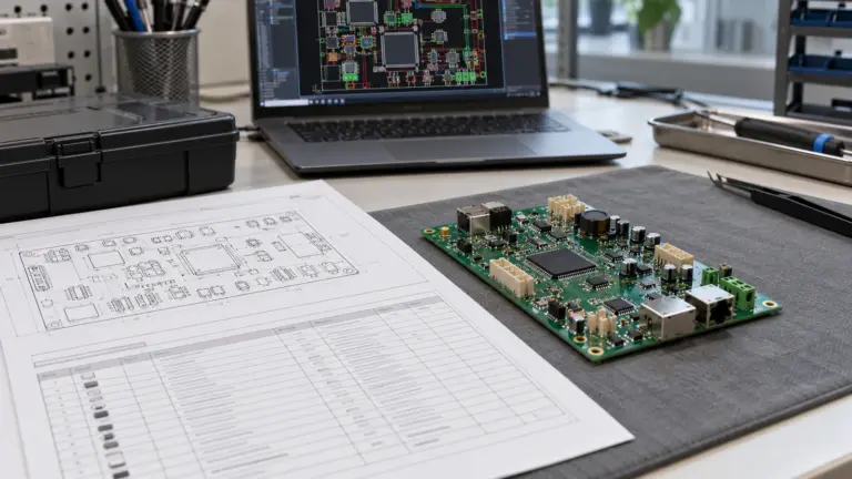 Populated circuit board beside an assembly drawing, component list and CAD screen