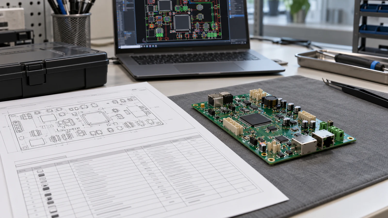 Populated circuit board beside an assembly drawing, component list and CAD screen