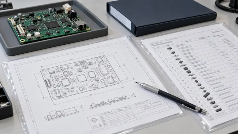Circuit board beside assembly drawings, component lists and a document folder