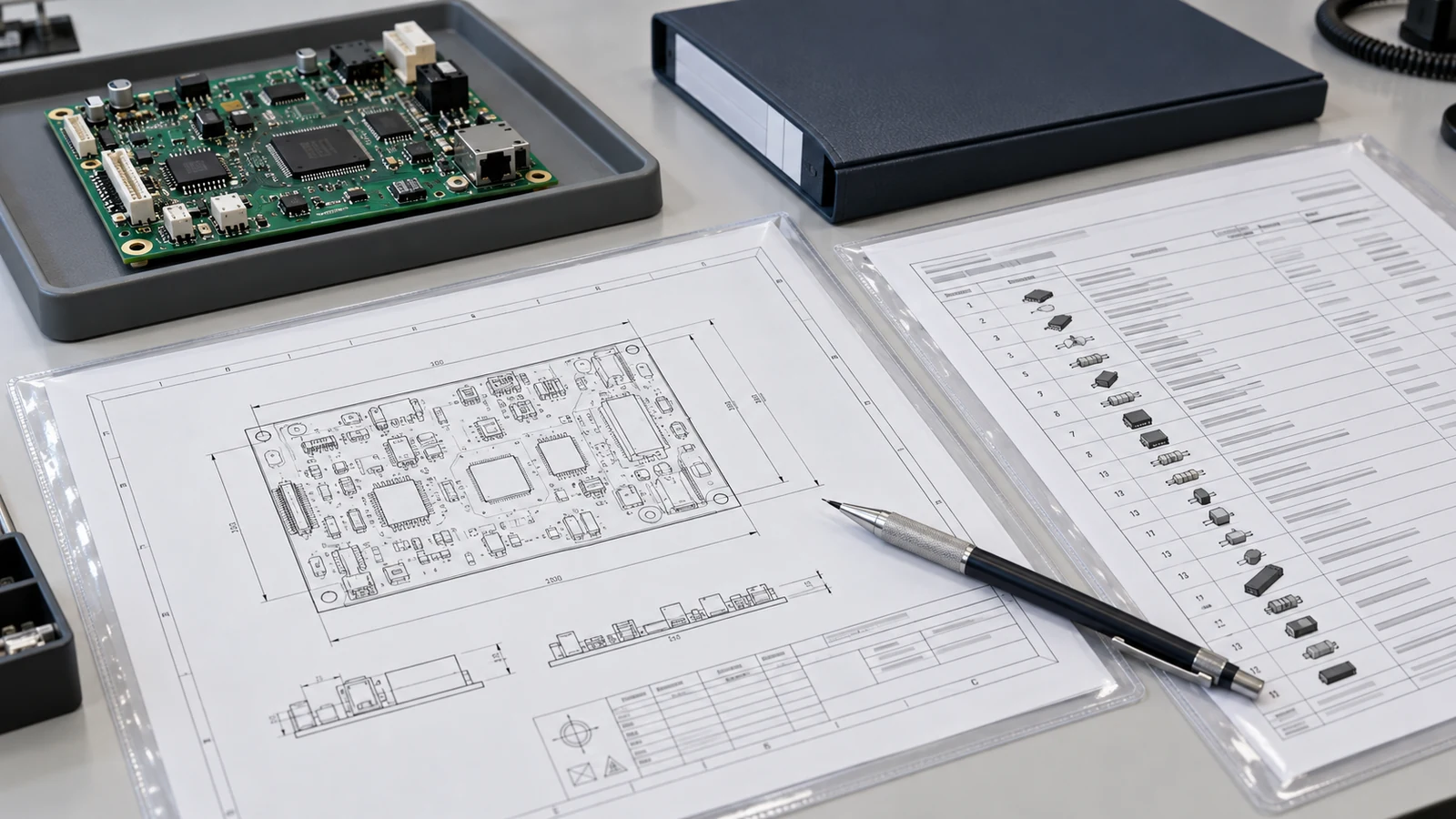 Circuit board beside assembly drawings, component lists and a document folder