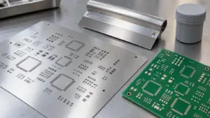 SMT stencil with apertures beside a bare board, metal squeegee and closed paste jar