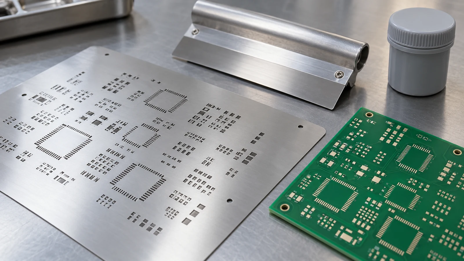 SMT stencil with apertures beside a bare board, metal squeegee and closed paste jar