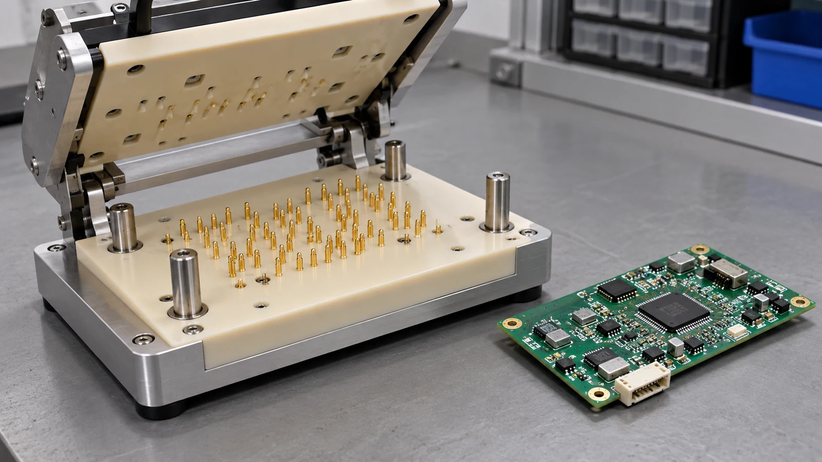 Open spring-probe test fixture beside a populated circuit board