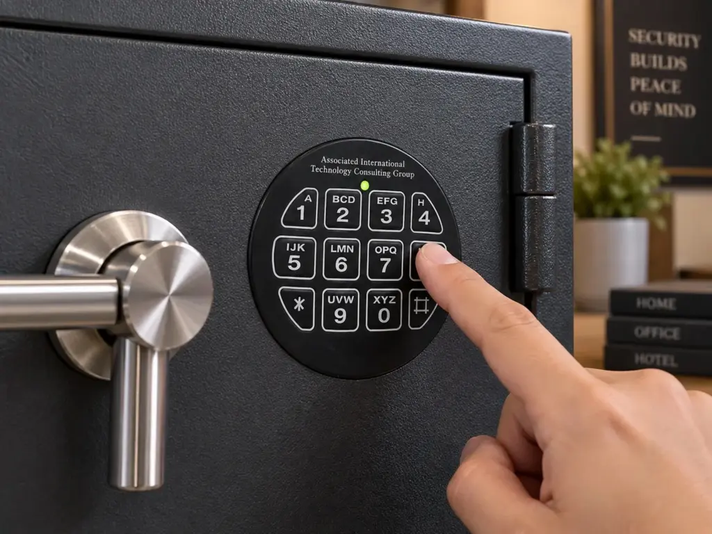 Application illustration of a numeric security keypad on a safe door