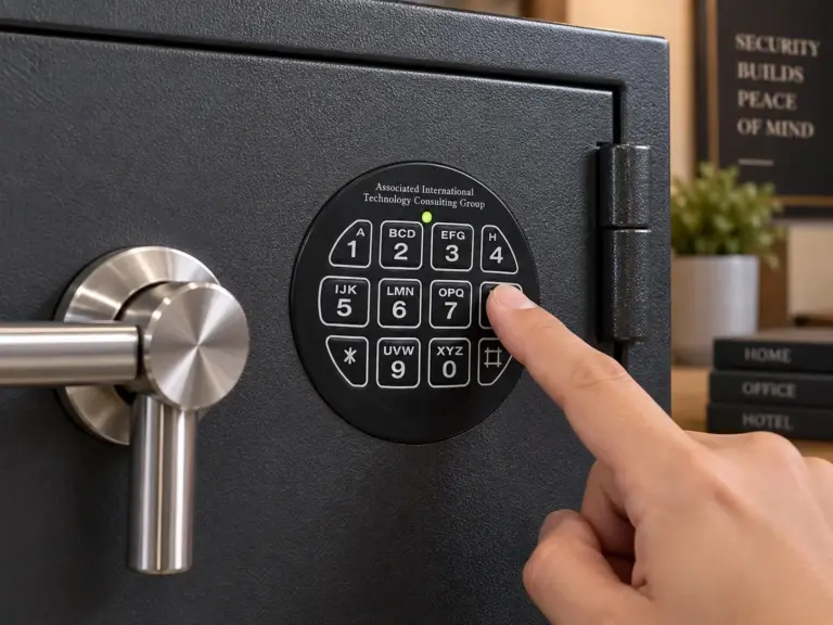 Application illustration of a numeric security keypad on a safe door