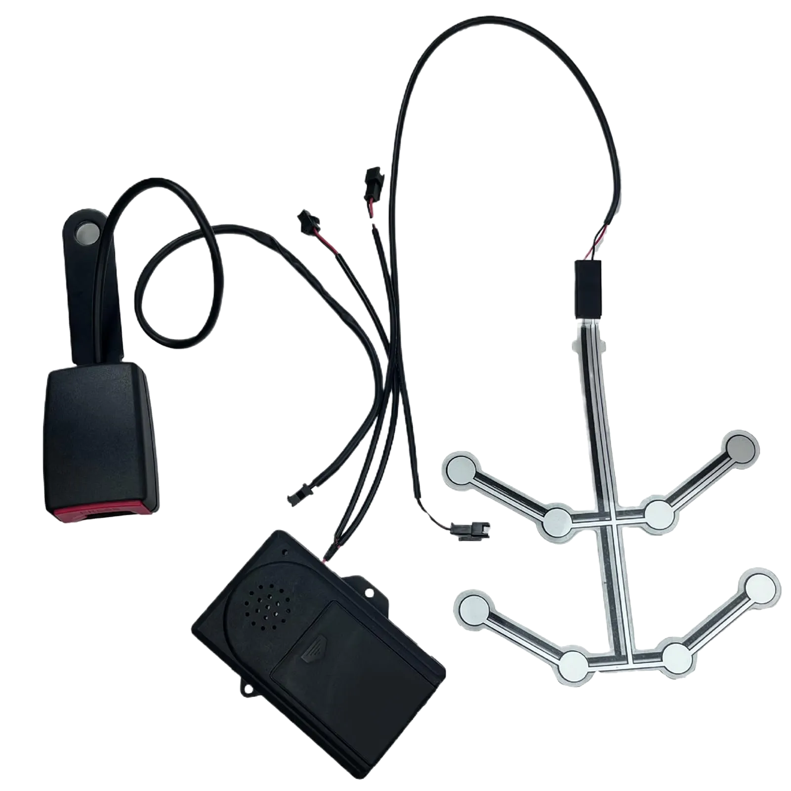 Seat belt reminder sensor kit with buckle, electronics module, complete wiring and flexible sensing pad