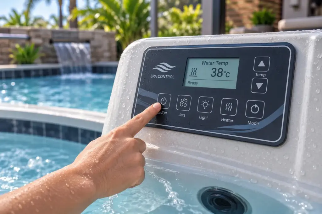 Application illustration of a spa control panel beside a swimming pool