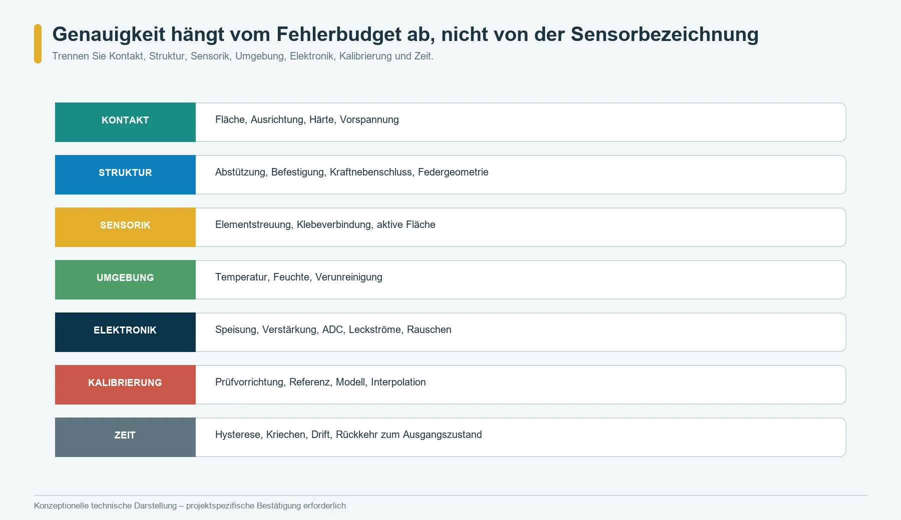 Fehlerbudget der Kraftmessung mit Vergleich der Beiträge von Kontakt, Struktur, Sensorik, Temperatur, Elektronik, Kalibrierung und Zeit