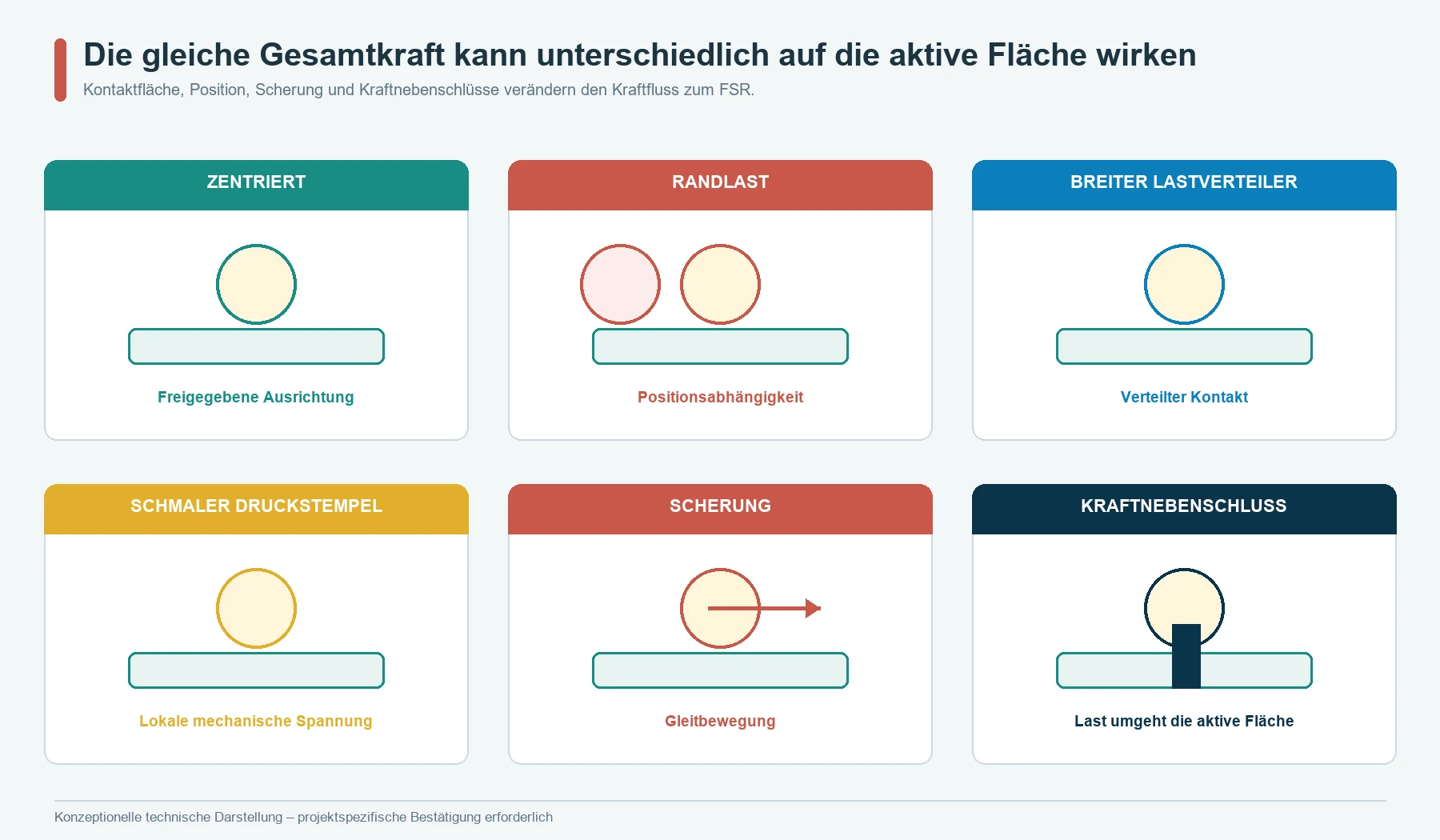 FSR-Kontaktgeometrien mit Ausrichtung, Lastverteilung, lokaler Spannung, Scherung, Kraftnebenschluss über die Abstützung und Vorspannung