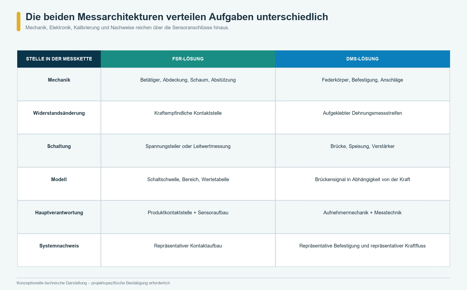 Vergleich der Verantwortlichkeiten bei der FSR-Messung im Kontaktaufbau und der strukturellen Kraftmessung mit Dehnungsmessstreifen