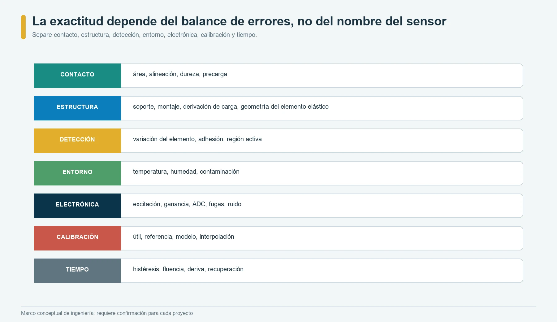 Balance de errores de medición de fuerza que compara contacto, estructura, detección, temperatura, electrónica, calibración y tiempo