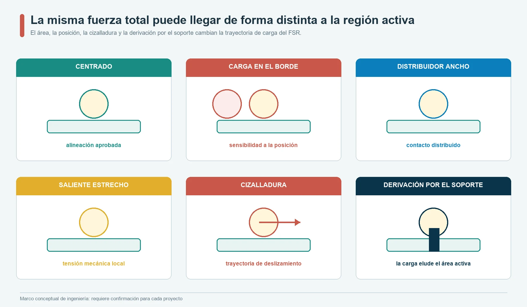 Geometrías de contacto del FSR que muestran la alineación, la distribución de carga, la tensión local, la cizalladura, la derivación de carga por el soporte y la precarga