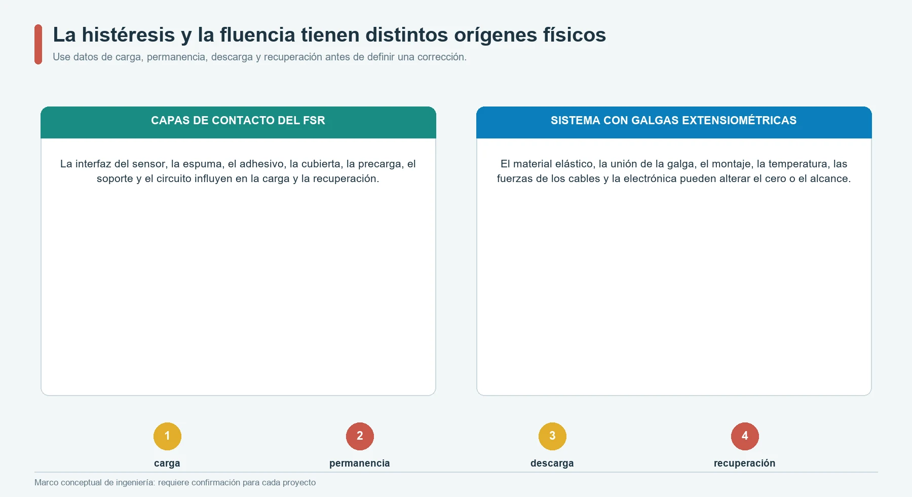 Orígenes de la histéresis, la fluencia, la permanencia bajo carga, la descarga y el retorno a cero en sistemas FSR y con galgas extensiométricas