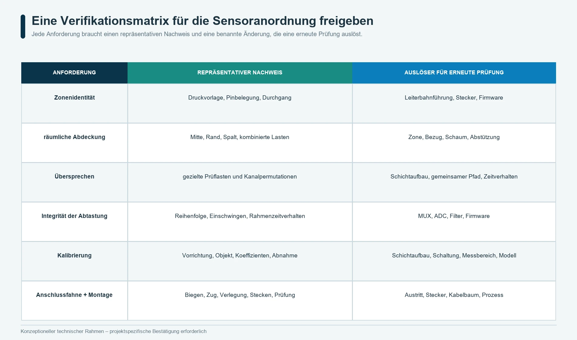 Verifikationsmatrix für die Zuordnung einer Drucksensor-Anordnung, Übersprechen, Abtastzeitvorgaben, Kalibrierung, Logik, Anschlussfahne und Montage