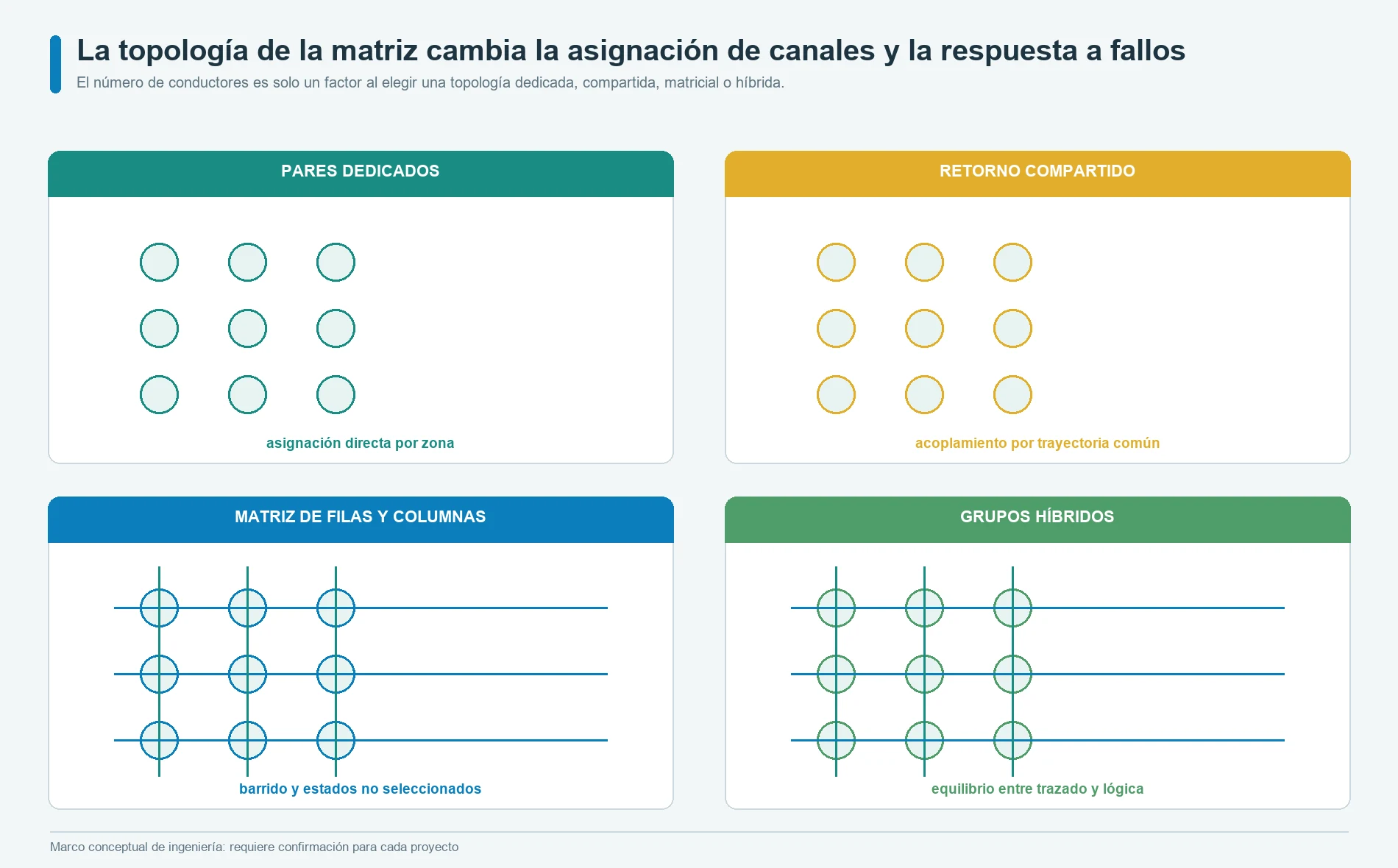 Topologías de matrices de sensores de presión flexibles: zonas dedicadas, retorno compartido, filas y columnas, e híbridas