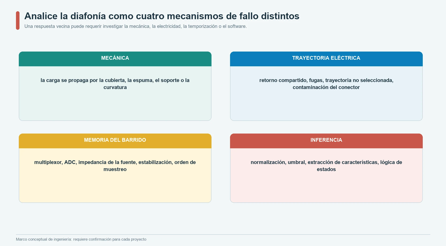 Diafonía mecánica, de vía eléctrica, de memoria entre muestras de barrido y de inferencia en una matriz de sensores de presión flexible