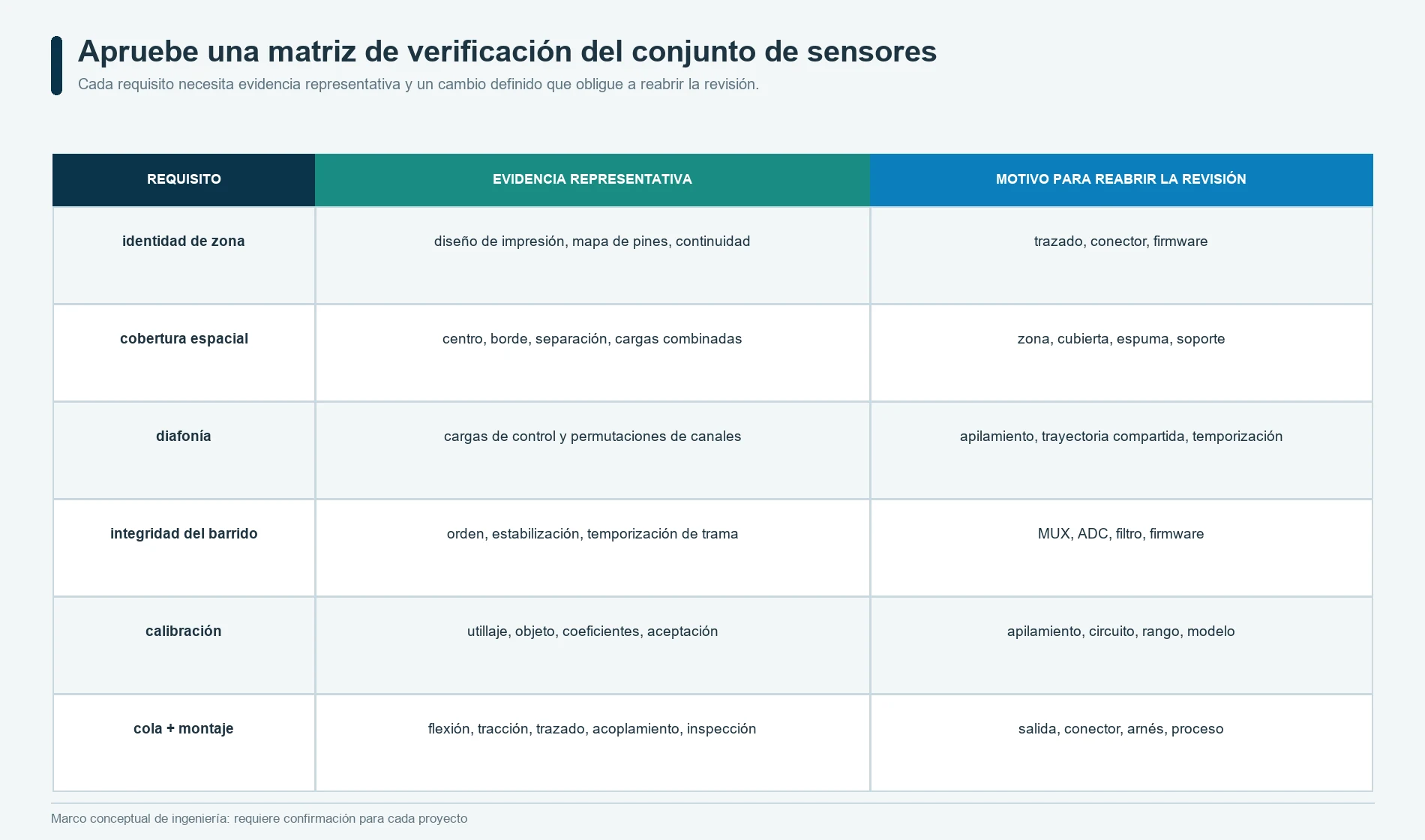 Matriz de verificación de la identificación, diafonía, temporización del barrido, calibración, lógica, flexible de conexión y montaje del conjunto sensor