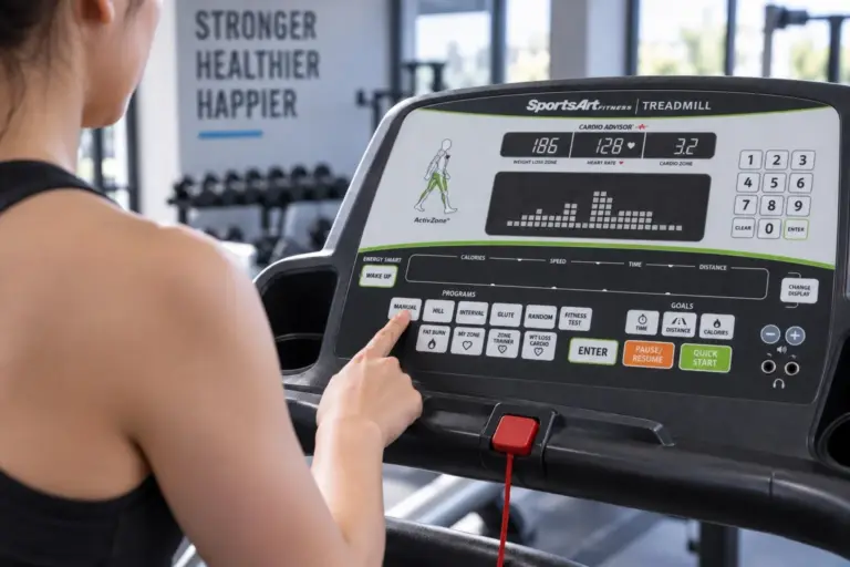 Application illustration of a user operating the keypad on a treadmill console