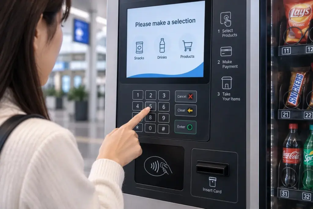 Application illustration of a customer using a vending-machine selection keypad