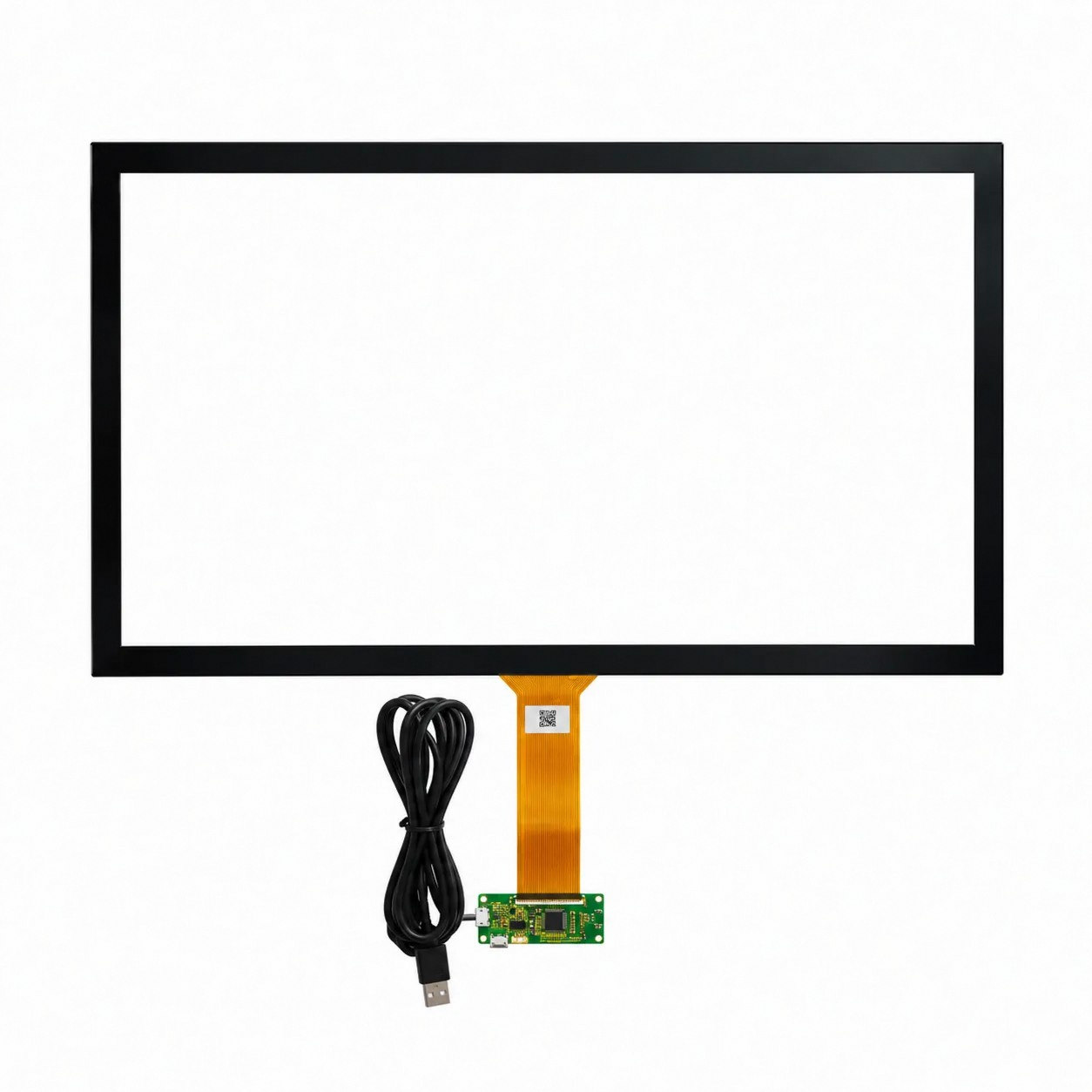 Transparentes Touchpanel mit Controllerplatine und USB-Kabel