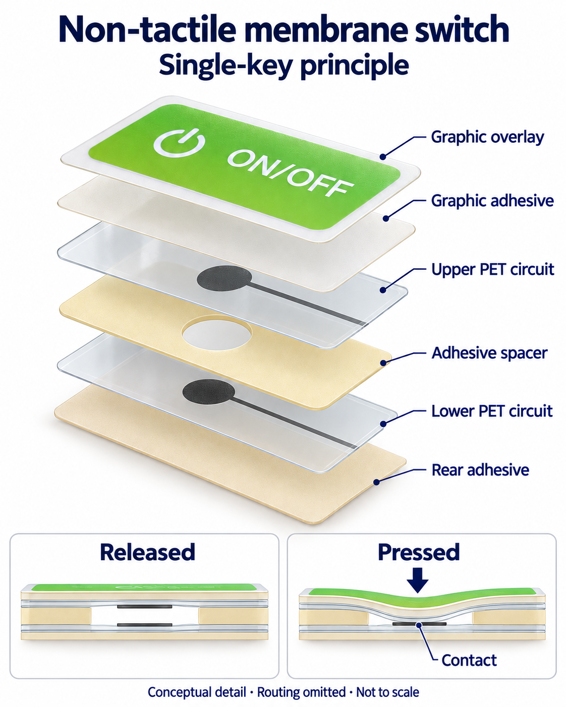 Illustrative non-tactile single-key switch with two PET circuits separated by a spacer and released versus pressed contact views