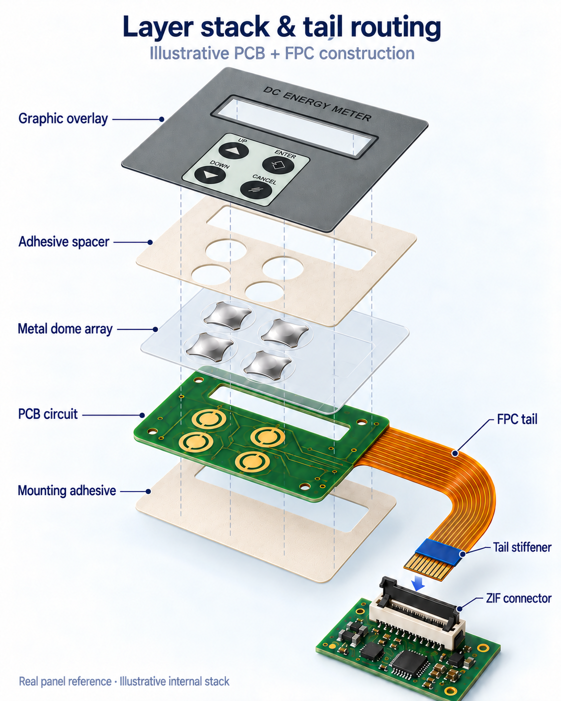Illustrative exploded PCB and FPC membrane switch with a gray four-key panel, metal domes, PCB, flexible tail and ZIF connector