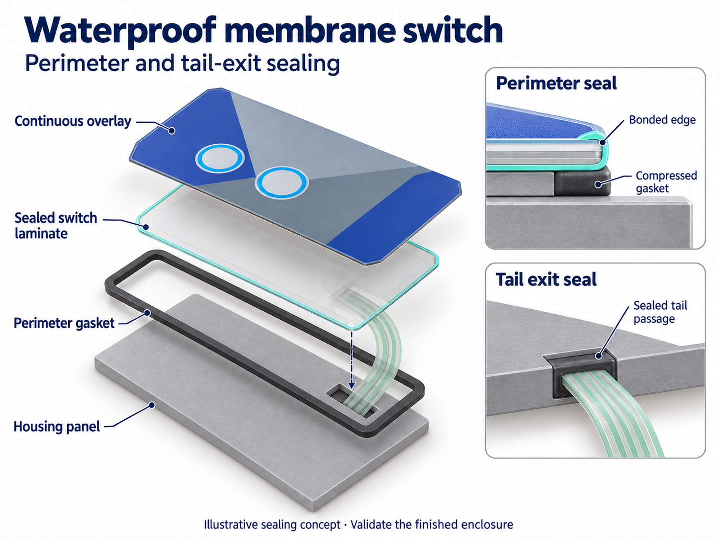 Illustrative sealed membrane switch with a continuous perimeter gasket and a sealed tail passage inside the gasket