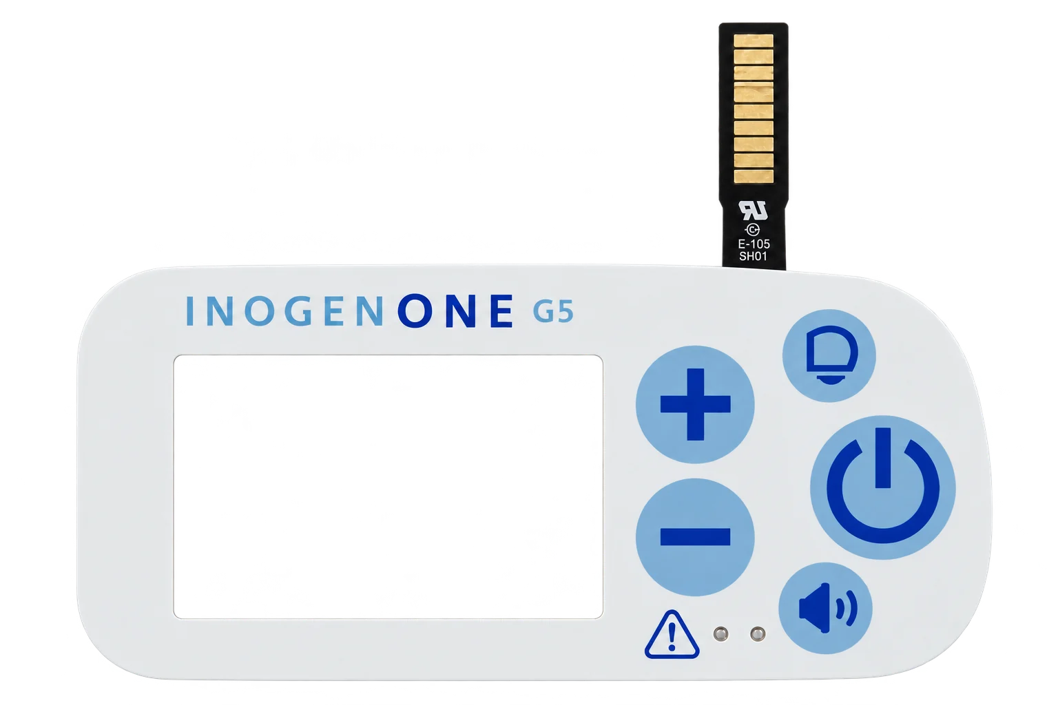 Blue and white membrane control panel with a display window, function keys and a flexible connection tail