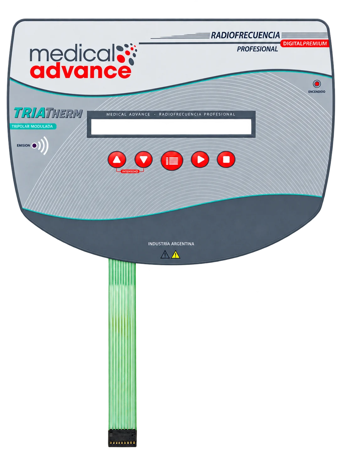 Gray beauty equipment membrane control panel with red function keys, a display window and a green flexible connection tail