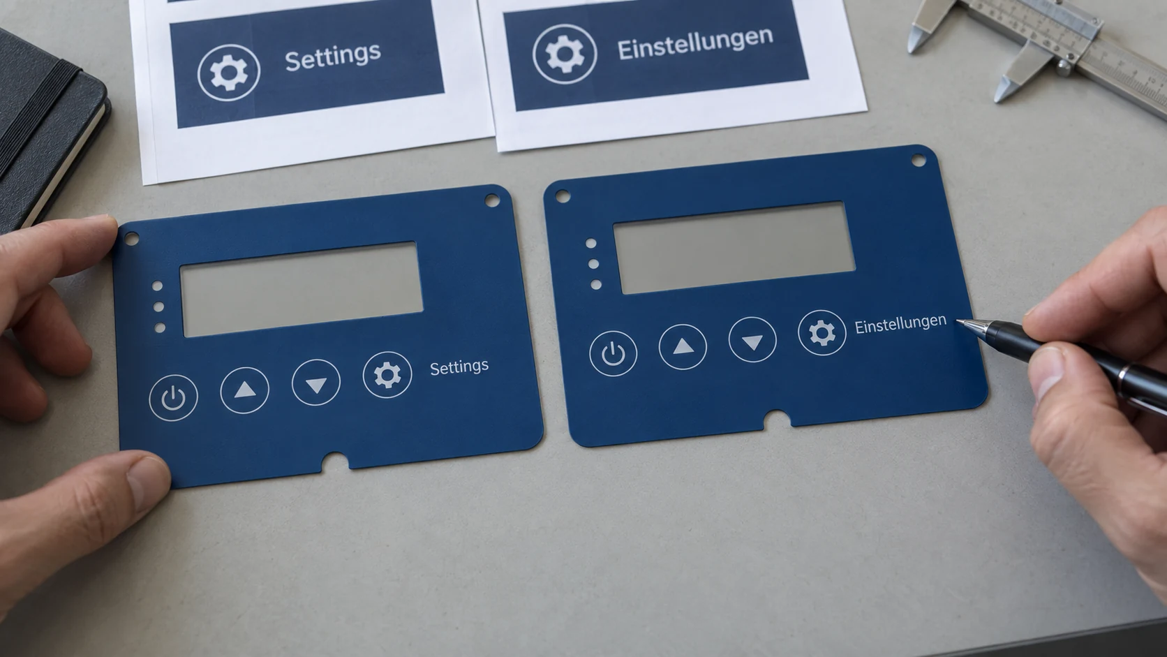 Hands reviewing Settings and Einstellungen labels on two blue graphic overlays beside printed artwork.